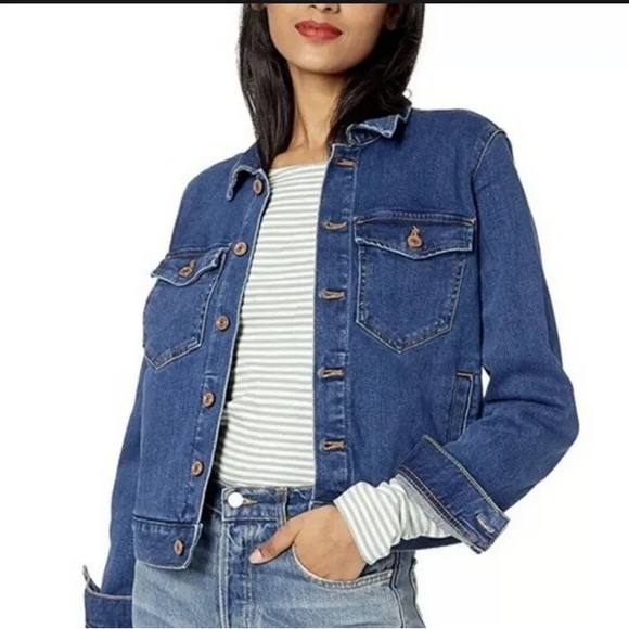 J. Crew Mercantile Denim Blue Jean Trucker Jacket Stretch Dark Pre wash SZ M - Picture 1 of 15